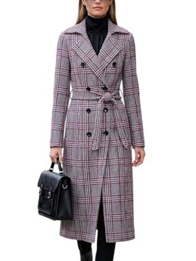 Iris Setlakwe designer wool blend pink blue beige houndstooth plaid trench coat